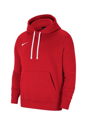 Czerwona bluza z kapturem i długimi rękawami, białymi sznurkami, kieszenią z przodu i małym białym logo Nike na piersi.