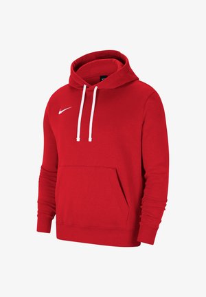 Sweat à capuche rouge à manches longues, avec cordons blancs, poche avant et petit logo Nike blanc sur la poitrine.