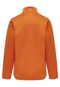 Pullover in fleece arancione con colletto alto, maniche lunghe e cuciture piatte. Presenta un logo sulla parte posteriore del collo, una texture morbida e una vestibilità rilassata.