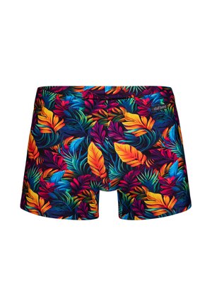 Bunte Badeshorts mit einem lebhaften tropischen Blattmuster in den Farben Orange, Grün und Blau auf einem schwarzen Hintergrund.