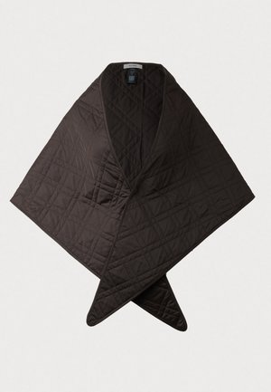 Σκούρο καφέ κουβέρτα με διαμαντένια ραφή, ανοιχτό μπροστινό μέρος και στενά περιθώρια, τοποθετημένη επίπεδη σε ανοιχτό φόντο.