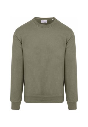 Sudadera de color verde oliva con textura acanalada, cuello redondo, mangas largas y puños y dobladillo acanalados. Diseño sencillo y de corte relajado.