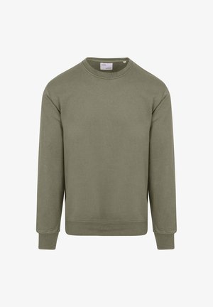 Olijfgroene sweatshirt met geribbelde textuur, ronde halslijn, lange mouwen en geribbelde boorden en onderrand. Eenvoudig, ontspannen pasvorm ontwerp.