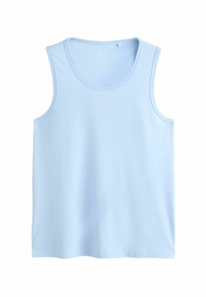 Jasnoniebieski bezrękawnik z okrągłym dekoltem i prostym wzorem, rozmiar średni, prezentowany na białym tle.