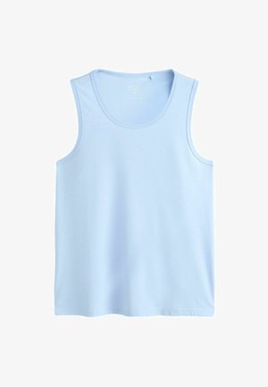 Jasnoniebieski bezrękawnik z okrągłym dekoltem i prostym wzorem, rozmiar średni, prezentowany na białym tle.