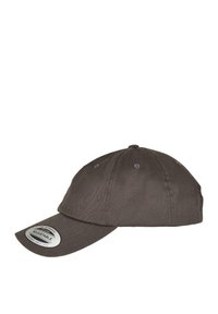 Dark gray cotton baseball cap with a curved brim, adjustable strap at the back, and a patch featuring the word "Adjustable."