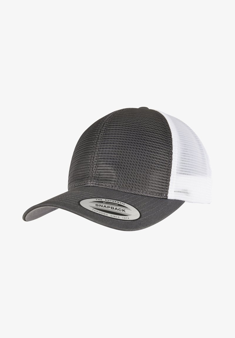 Cappellino snapback in mesh grigio con una parte anteriore grigia solida, pannelli laterali in mesh bianco e visiera curvata. Presenta un'etichetta circolare sulla parte anteriore.