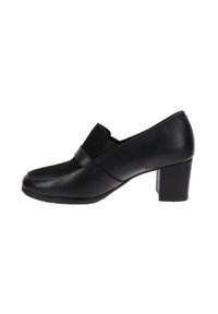 Zapato de tacón negro con un exterior de cuero liso y acentos de ante. Presenta una punta redondeada y un tacón cuadrado. Diseño simple y estructurado.