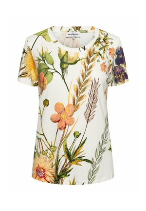 Wit T-shirt voor dames met korte mouwen en ronde hals, bedrukt met een meerkleurige bloemen- en botanische print, inclusief oranje, gele en paarse bloemen.