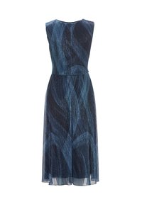 Robe midi sans manches avec un bustier ajusté et une jupe fluide, ornée d'un motif tourbillonnant abstrait bleu foncé et fabriquée en tissu léger.