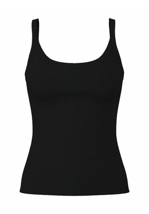 Černý žebrovaný top bez rukávů s hranatým výstřihem a širokými ramínky. Tkanina má elastickou strukturu a přiléhavý střih.