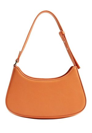 Orangefarbene Leder-Schultertasche mit abgerundeter oberer Kante und verstellbarem Riemen mit Schnalle und Metallring-Detail.