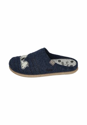 Navy wool slippers with a textured upper, embroidered rabbit design, and a natural fiber sole for grip and comfort.