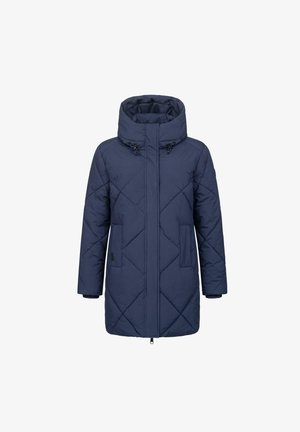 Navy prošívaný puffer kabát s vysokým límcem a kapucí, který má dvě boční kapsy a přední zip. Hladká textura, hřejivý materiál.