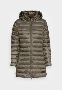 Puffjacka i olivgrön, med huva, dragkedja framtill och horisontellt kviltad design. Slät yta med en lätt glänsande finish.