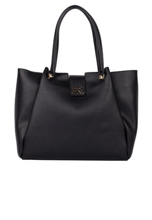 Borsa tote in pelle nera con doppio manico, caratterizzata da una finitura testurizzata, un logo centrale e un design ampio e aperto.
