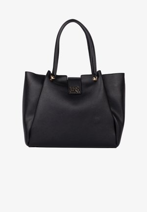 Borsa tote in pelle nera con doppio manico, caratterizzata da una finitura testurizzata, un logo centrale e un design ampio e aperto.