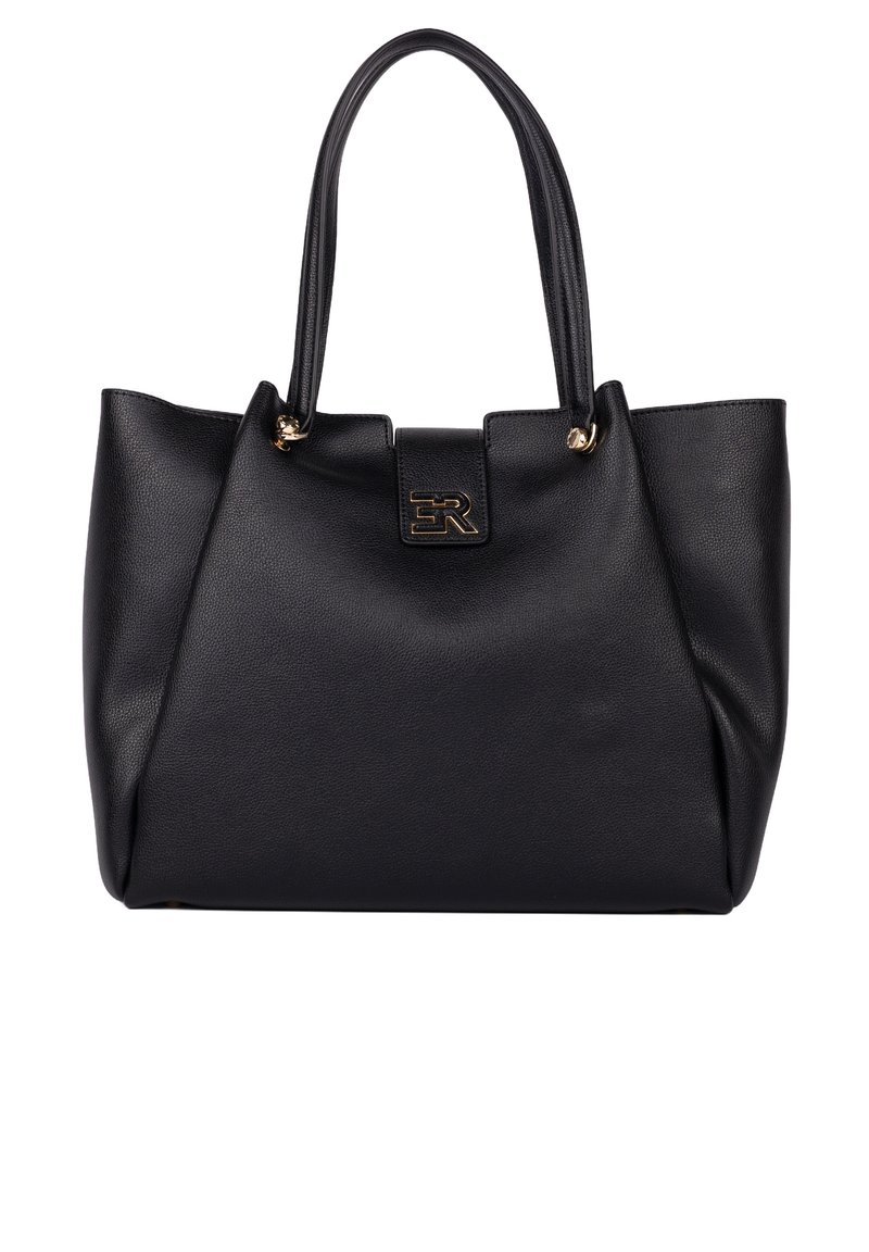 Borsa tote in pelle nera con doppio manico, caratterizzata da una finitura testurizzata, un logo centrale e un design ampio e aperto.