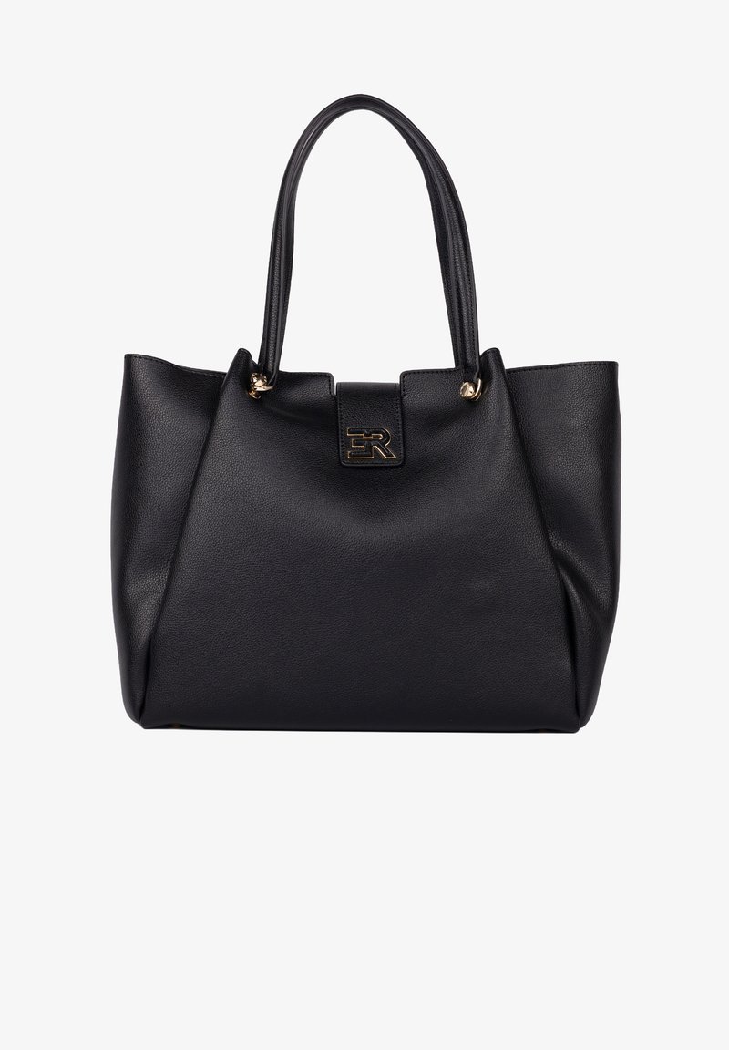 Borsa tote in pelle nera con doppio manico, caratterizzata da una finitura testurizzata, un logo centrale e un design ampio e aperto.