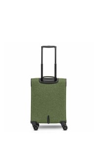 Valigia verde in tessuto con accessori e ruote nere, dotata di manico retrattile e superficie liscia. Design compatto e rettangolare.