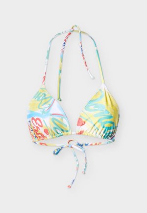 Haut de bikini à bonnets triangulaires, couleurs vives incluant jaune et turquoise, avec un motif abstrait coloré. Se noue au cou et dans le dos.