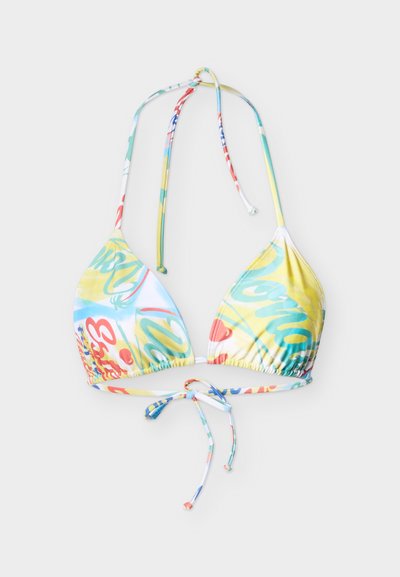 Μαγιό μπικίνι με τριγωνικά cups, ζωντανά χρώματα όπως κίτρινο και τυρκουάζ, και πολύχρωμο αφηρημένο σχέδιο. Δένει στον λαιμό και στην πλάτη.