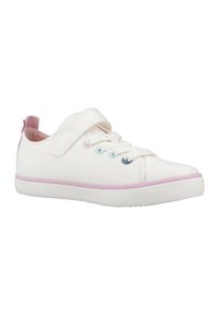 Weiße Leinenschuhe mit einem rosa Akzent an der Ferse, ausgestattet mit einem Klettverschluss, Schnürdesign und einer rosa Gummisohle. Strukturiertes Obermaterial.