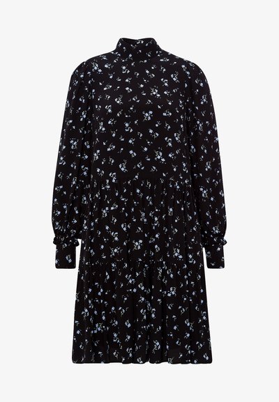 Vestido preto com gola alta, mangas longas e punhos franzidos. Apresenta pequenos padrões florais azuis e um design de saia em camadas.