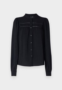 Black long-sleeve blouse with a collared neckline, button front, pleated detailing below the yoke, and gathered cuffs. Soft textured fabric.