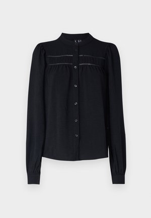Black long-sleeve blouse with a collared neckline, button front, pleated detailing below the yoke, and gathered cuffs. Soft textured fabric.