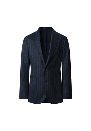 Marineblaues, gestreiftes Blazer aus strukturiertem Stoff, mit Revers, zwei Fronttaschen und zwei Knöpfen zum Schließen.