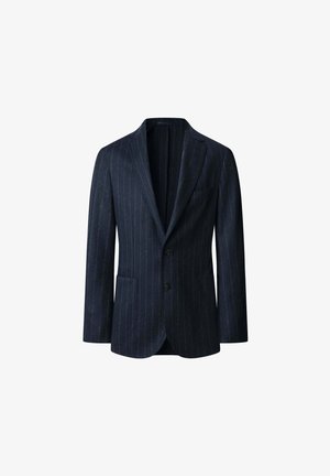 Blazer a righe blu navy realizzato in tessuto testurizzato, con revers a scollo a V, due tasche frontali e chiusura a due bottoni.