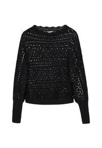 Pull en tricot noir avec un design ajouré et ample, des poignets et un ourlet côtelés. Léger avec une coupe décontractée et un motif texturé.