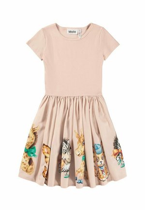Vestito rosa chiaro a maniche corte con gonna arricciata che presenta personaggi di animali dei cartoni animati colorati intorno all'orlo.