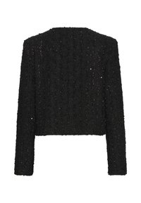 Must kuniadejaga jakk, mis on valmistatud tekstuurist, ribastatud kangast, millel on õrn läige ja pikad varrukad. Tagantvaates on selged jooned ilma kinnitusteta.