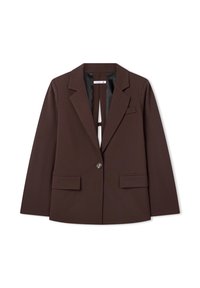 Blazer marrone con rever a lancia, chiusura con un bottone, due tasche frontali e una texture liscia. Interno foderato di nero.