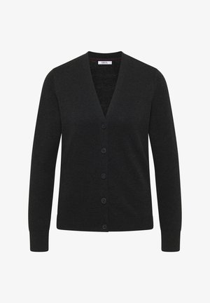 Schwarze Strickjacke aus weichem Stoff, mit V-Ausschnitt, sechs Knöpfen an der Vorderseite und taillierten Ärmeln mit gerippten Bündchen.