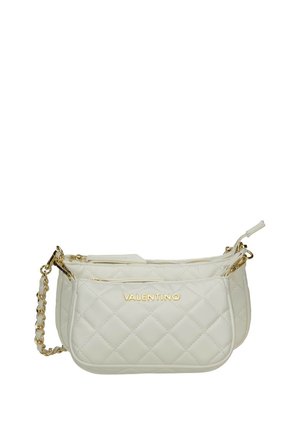 Cream quilted Valentino handbag with gold chain strap and logo, featuring two zippered compartments.