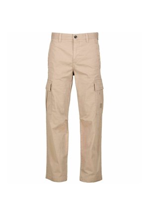 Pantaloni cargo beige in cotone. Le caratteristiche includono multiple tasche laterali, chiusura con bottone e design a gamba dritta. Senza fantasie.