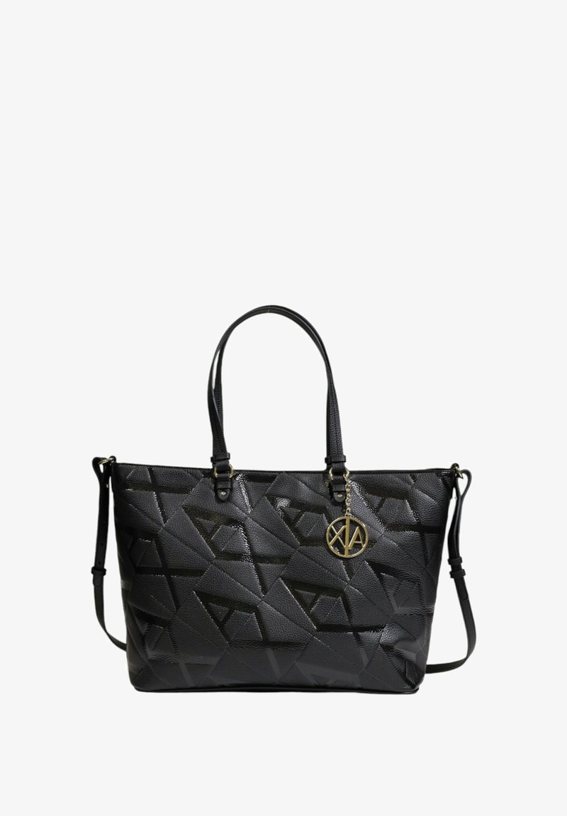 Borsa a mano con pattern geometrico nero realizzata in materiale texturizzato. Presenta manici doppi, una tracolla regolabile e un accento con logo dorato.