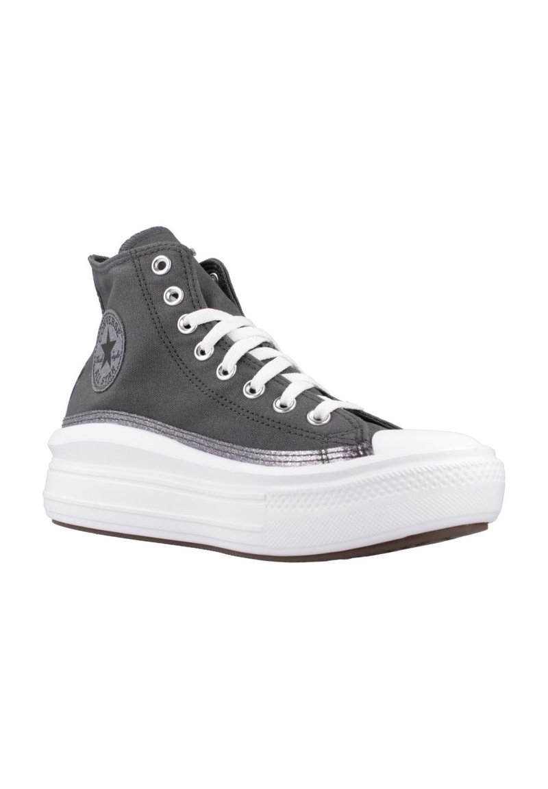 Zapatillas de caña alta en lona gris con suela de goma blanca. Presenta una franja metálica plateada, un logo de estrella negra y cordones blancos.