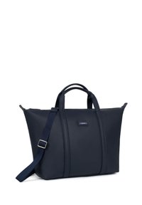 Borsa a tote blu navy realizzata in materiale liscio, con due manici corti e una tracolla removibile. Evidenti linee di cucitura e un'etichetta con il logo.