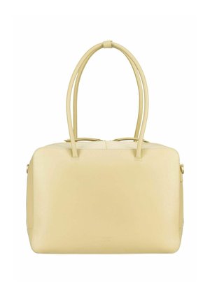 Sac à main rectangulaire en cuir beige avec deux longues anses et une fermeture éclair sur le dessus, conçu pour être porté à l'épaule ou à la main.