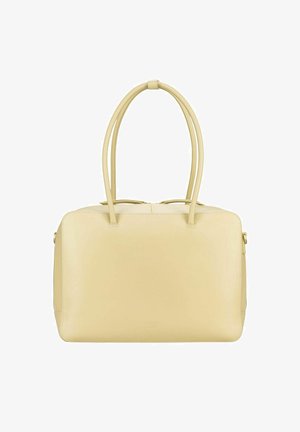 Sac à main rectangulaire en cuir beige avec deux longues anses et une fermeture éclair sur le dessus, conçu pour être porté à l'épaule ou à la main.