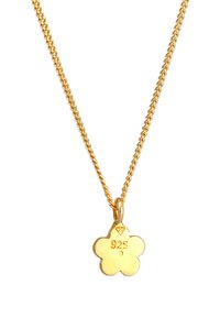 Guld kæde med vedhæng i blomsterform, stemplet "925," med en glat overflade og runde kronblade. Kæden har et snoet design.