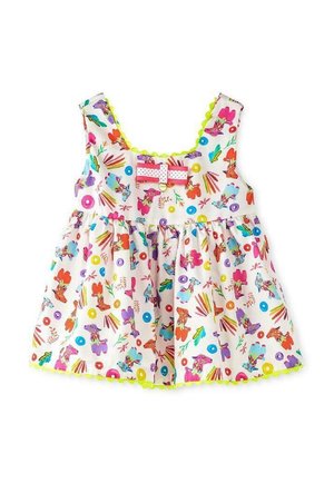 Multifarvet kjole med livlige blomster- og dyremønstre, tekstureret stof, ærmeløs design og limegrøn bølget kant samt sløjfedetalje.