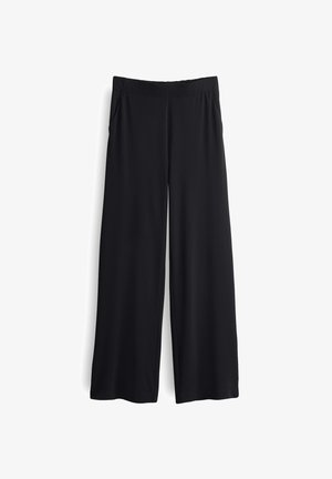 Pantaloni neri a gamba larga con una texture liscia e vita elastica. Presentano tasche laterali e una vestibilità ampia per il massimo comfort.