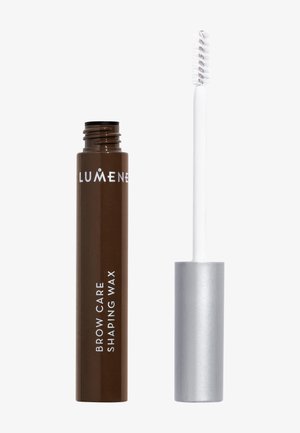 Brown tube of Lumene brow care shaping wax with open silver cap and white spoolie brush on a white background.