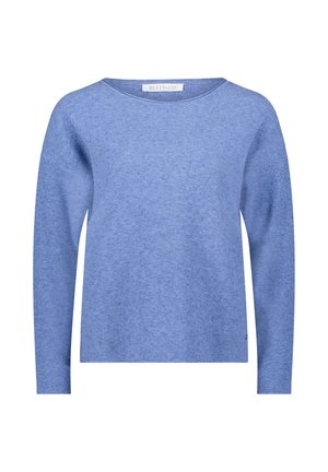 Lysblå sweater, blød tekstur, lange ærmer, rund halsudskæring, glat strik, minimalistisk design, ingen synlige mønstre, mærke ved halsudskæringen.