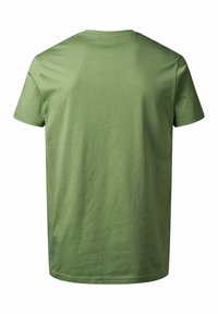 Zielona bawełniana koszulka, krótki rękaw, okrągły dekolt, jednolity kolor, gładka faktura, swobodny krój, bez wzorów i akcentów.